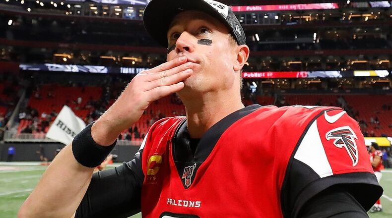 ATLANTA, GEORGIA - DECEMBER 22: Matt Ryan #2 of the Atlanta Falcons reacts after their 24-12 win over the Jacksonville Jaguars at Mercedes-Benz Stadium on December 22, 2019 in Atlanta, Georgia.