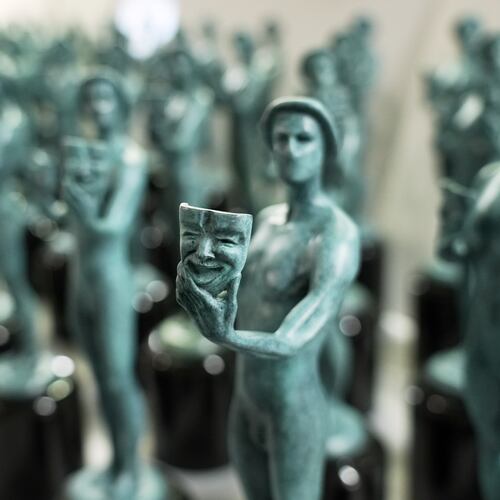 Finished Actor statuettes are displayed during the 32nd Actor Awards statuette pouring event presented by SAG-AFTRA on Thursday, Feb. 5, 2026, at American Fine Arts Foundry in Burbank, Calif. (AP Photo/Chris Pizzello)