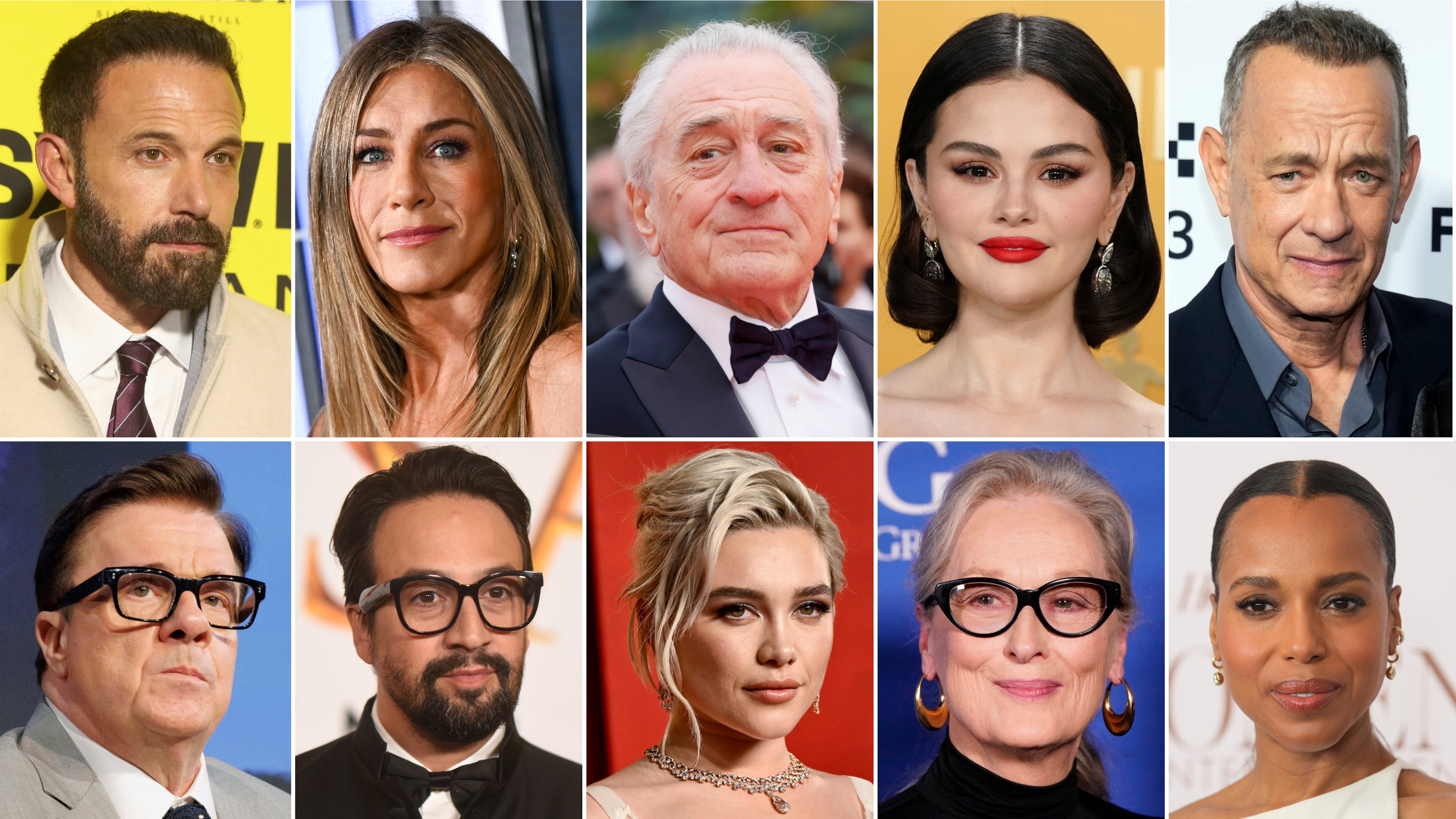 This combination of photos show celebrities, top row from left, Ben Affleck, Jennifer Aniston, Robert De Niro, Selena Gomez, Tom Hanks, bottom row from left, Nathan Lane, Lin-Manuel Miranda, Florence Pugh, Meryl Streep and Kerry Washington. (AP Photo)