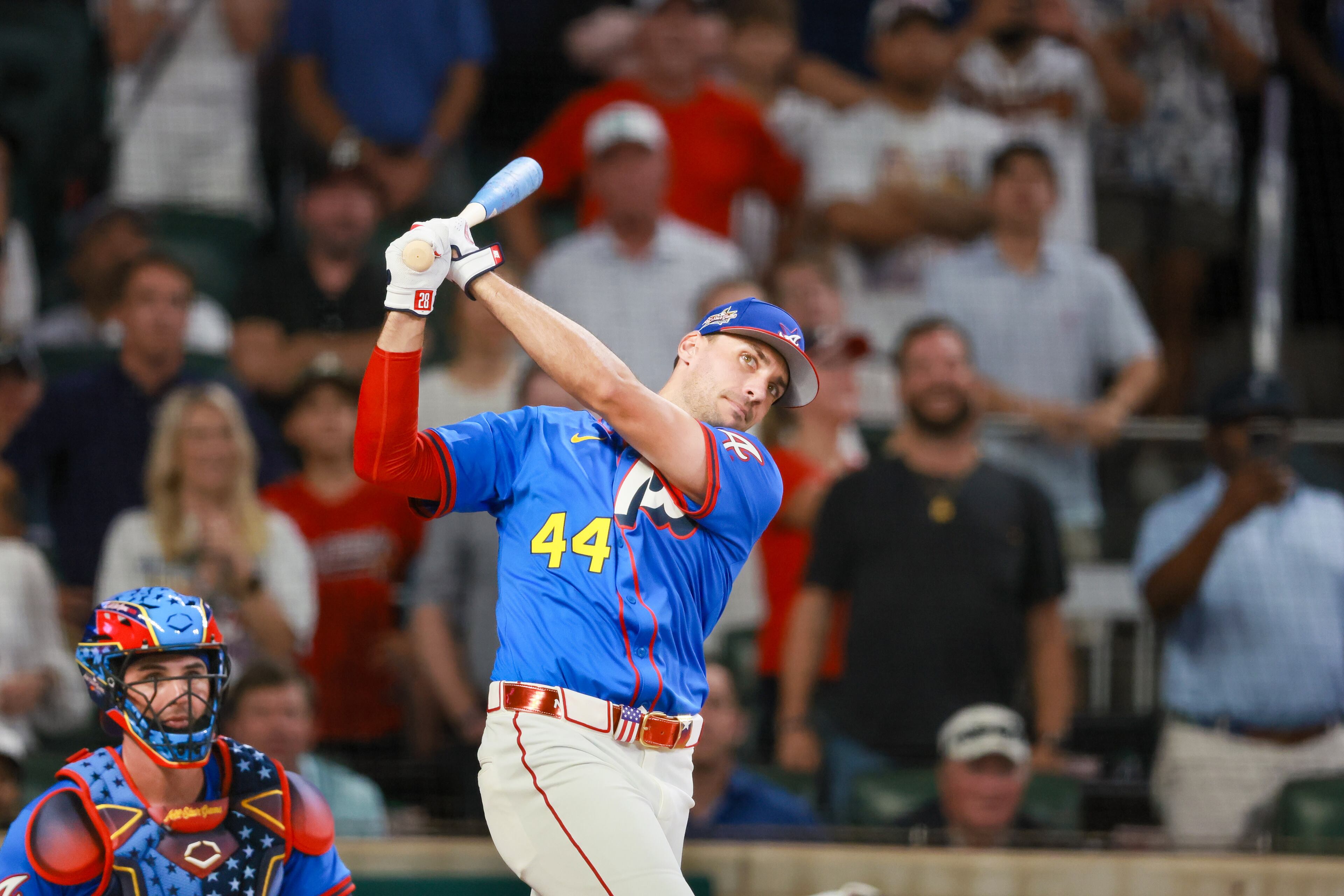 Atlanta Braves first baseman Matt Olson hits a home run during the MLB Home Run Derby as part of the All-Star Game festivities on Monday, July 14, 2025 at Truist Park in Atlanta. Jason Getz / AJC