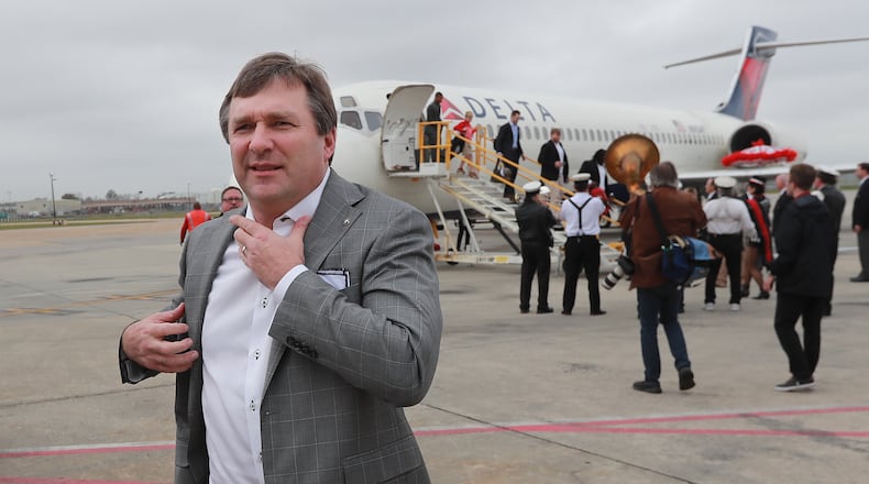 Georgia head coach Kirby Smart and his team arrive for the Sugar Bowl at Louis Armstrong International Airport on Friday, December 27, 2019, in New Orleans.  Curtis Compton/ccompton@ajc.com