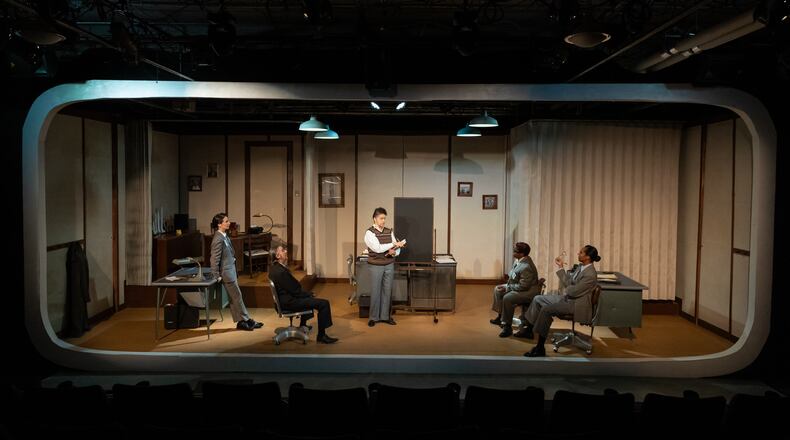 The stage at Atlanta's Synchronicity Theatre is set as an office at Redstone Arsenal, part of the Army Ballistic Missile Agency where former Nazi scientist Wernher von Braun worked to help the U.S. launch rockets and satellites in the 1950s and 60s. (Courtesy of Casey Gardner Ford)