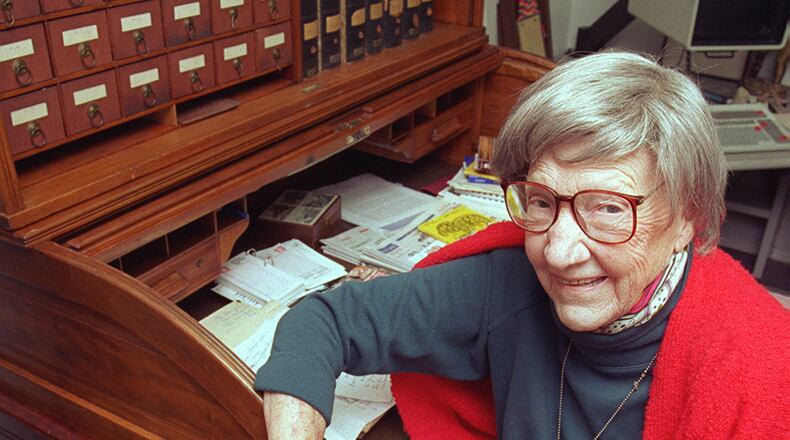 Celestine Sibley at her desk in November 1995. (AJC photo/Renee Hannans)