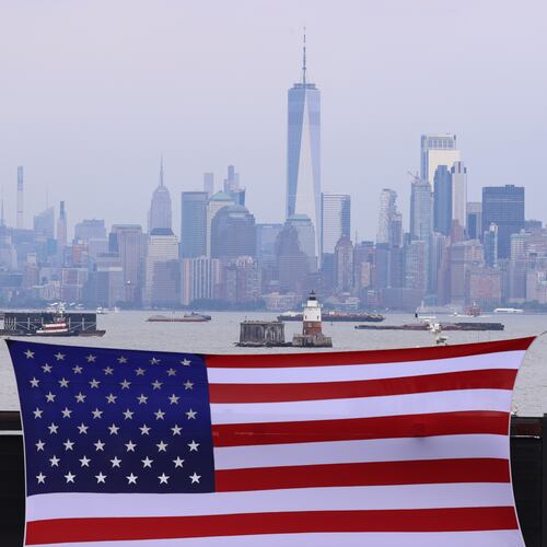 A general view of the New York skyline during an FDNY memorial to commemorate the 25th anniversary of the 9/11 attacks, Wednesday, Sept. 9, 2026, in the Staten Island borough of New York. (AP Photo/Pamela Smith)