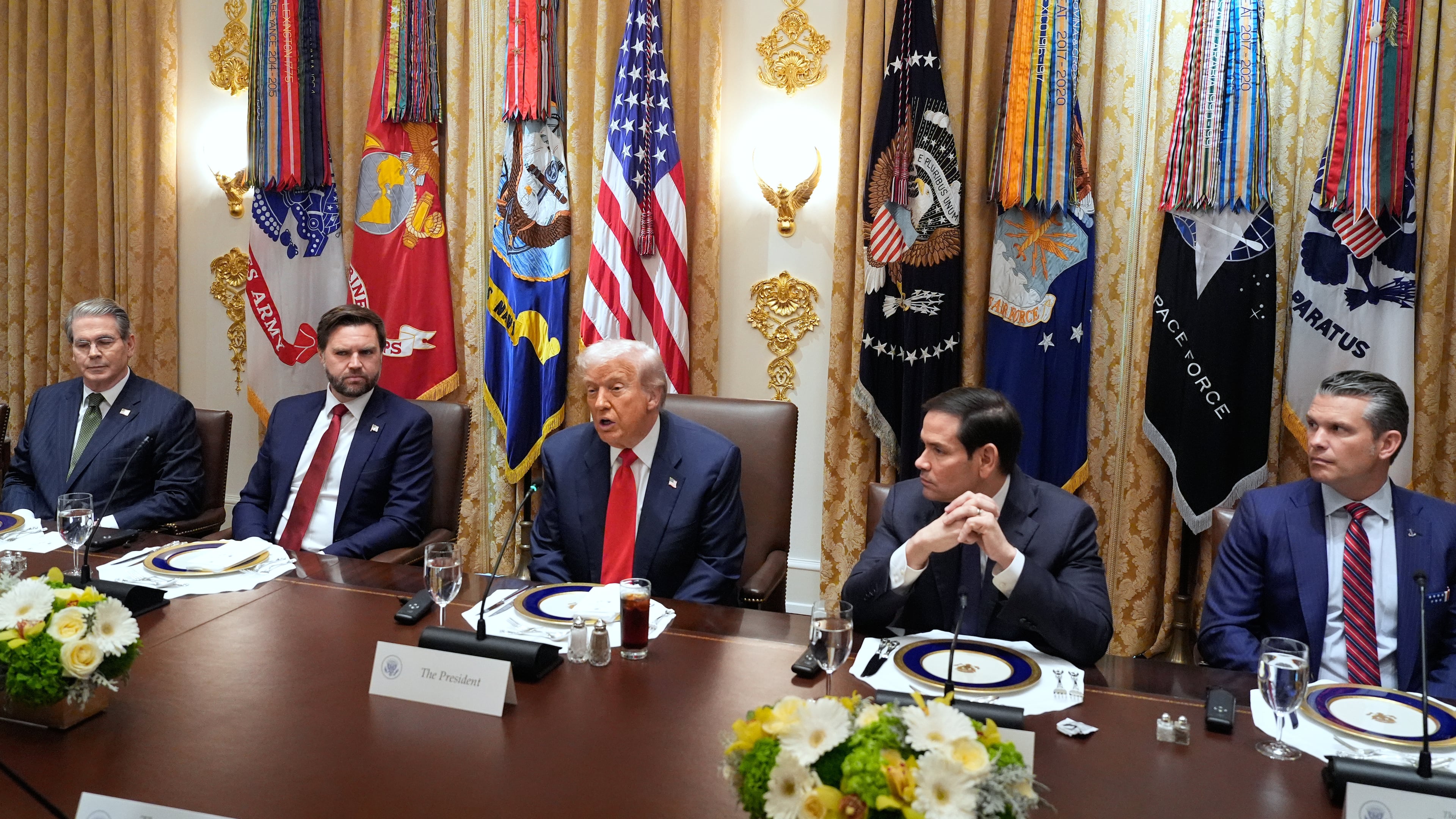 President Donald Trump speaks as he meets with Argentina's President Javier Milei in the Cabinet Room of the White House, Tuesday, Oct. 14, 2025, in Washington, as Treasury Secretary Scott Bessent, Vice President JD Vance, Secretary of State Marco Rubio and Defense Secretary Pete Hegseth listen. (AP Photo/Alex Brandon)