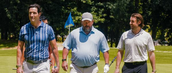 Netflix's "Free Bert" shot at Stone Mountain Country Club for golfing scenes. (L to R) Matthew Del Negro as Randy Hotchkiss, Bert Kreischer as Bert Kreischer and Chris Witaske as Landon Vanderthal in Episode 104. (Courtesy of Netflix)