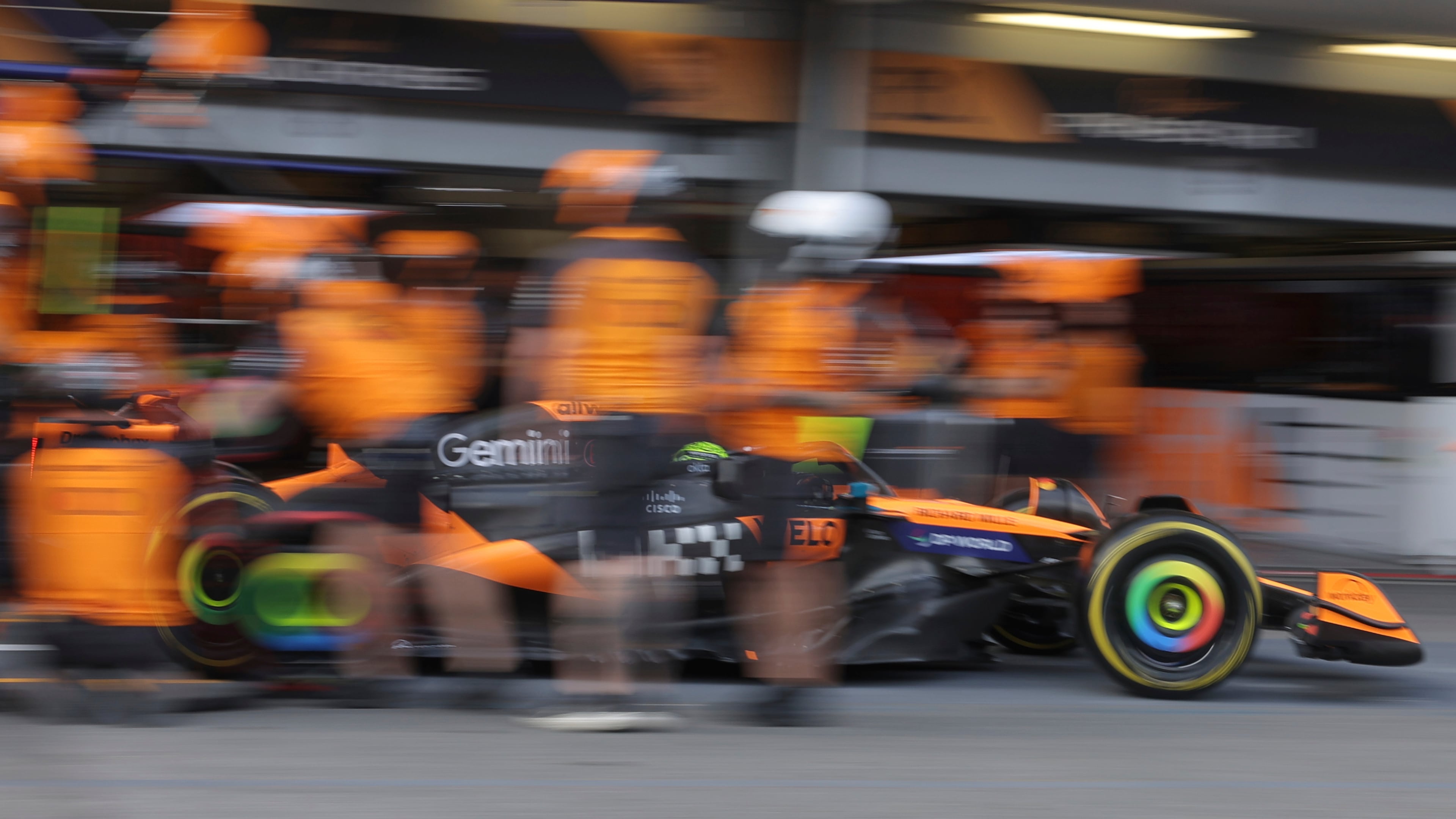 McLaren driver Lando Norris of Britain makes a pit stop during the qualifying for the Azerbaijan Formula One Grand Prix in Baku, Azerbaijan, Saturday, Sept. 20, 2025. (AP Photo/Anton Vaganov, Pool)