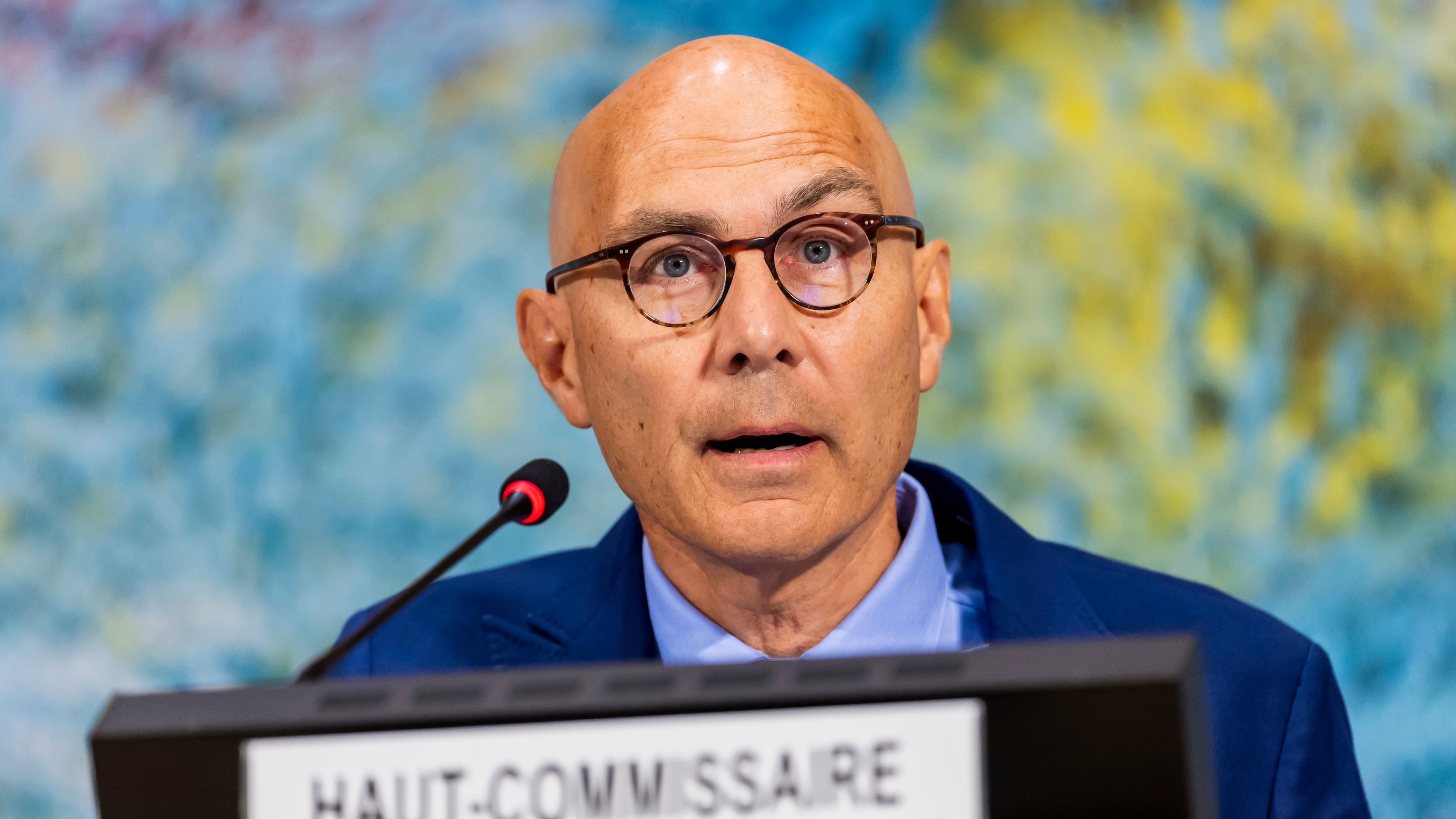 FILE - U.N. High Commissioner for Human Rights Volker Türk addresses attendees on the activities of his Office and recent human rights developments around the globe, during the 60th session of the Human Rights Council, at the European headquarters of the United Nations in Geneva, Switzerland, Monday, Sept. 8, 2025. (Salvatore Di Nolfi/Keystone via AP, File)