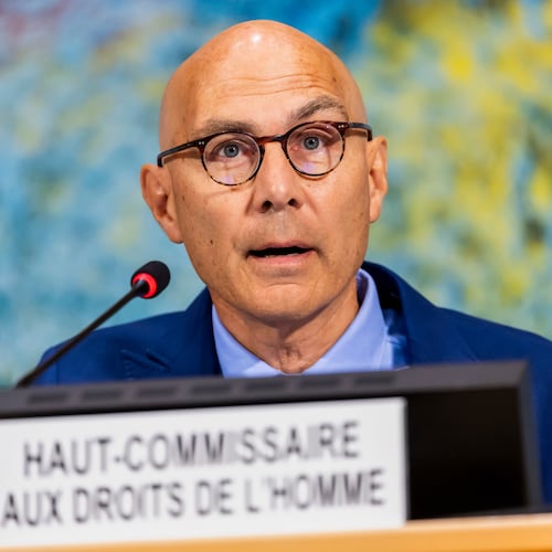FILE - U.N. High Commissioner for Human Rights Volker Türk addresses attendees on the activities of his Office and recent human rights developments around the globe, during the 60th session of the Human Rights Council, at the European headquarters of the United Nations in Geneva, Switzerland, Monday, Sept. 8, 2025. (Salvatore Di Nolfi/Keystone via AP, File)