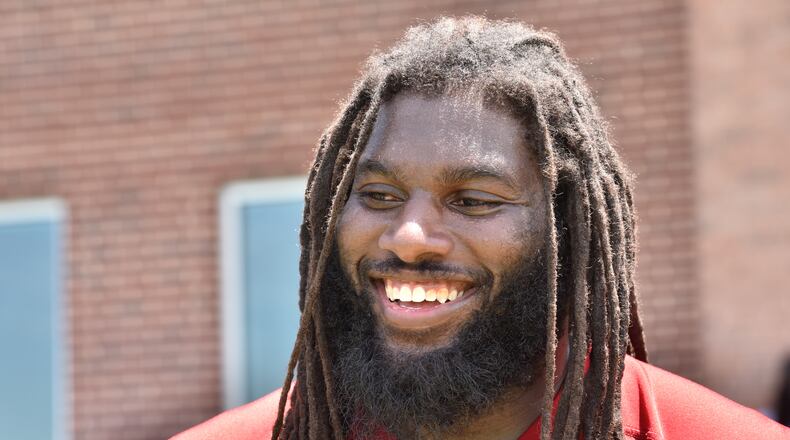 May 30, 2019 Flowery Branch - Atlanta Falcons offensive guard James Carpenter (77) speaks to a member of the press after team practice at Atlanta Falcons Training Camp in Flowery Branch on Thursday, May 30, 2019. The Falcons are in the second week of Phase Three of the offseason program. They have another week of OTAs before the mandatory minicamp, which is set for June 11 through 13. HYOSUB SHIN / HSHIN@AJC.COM