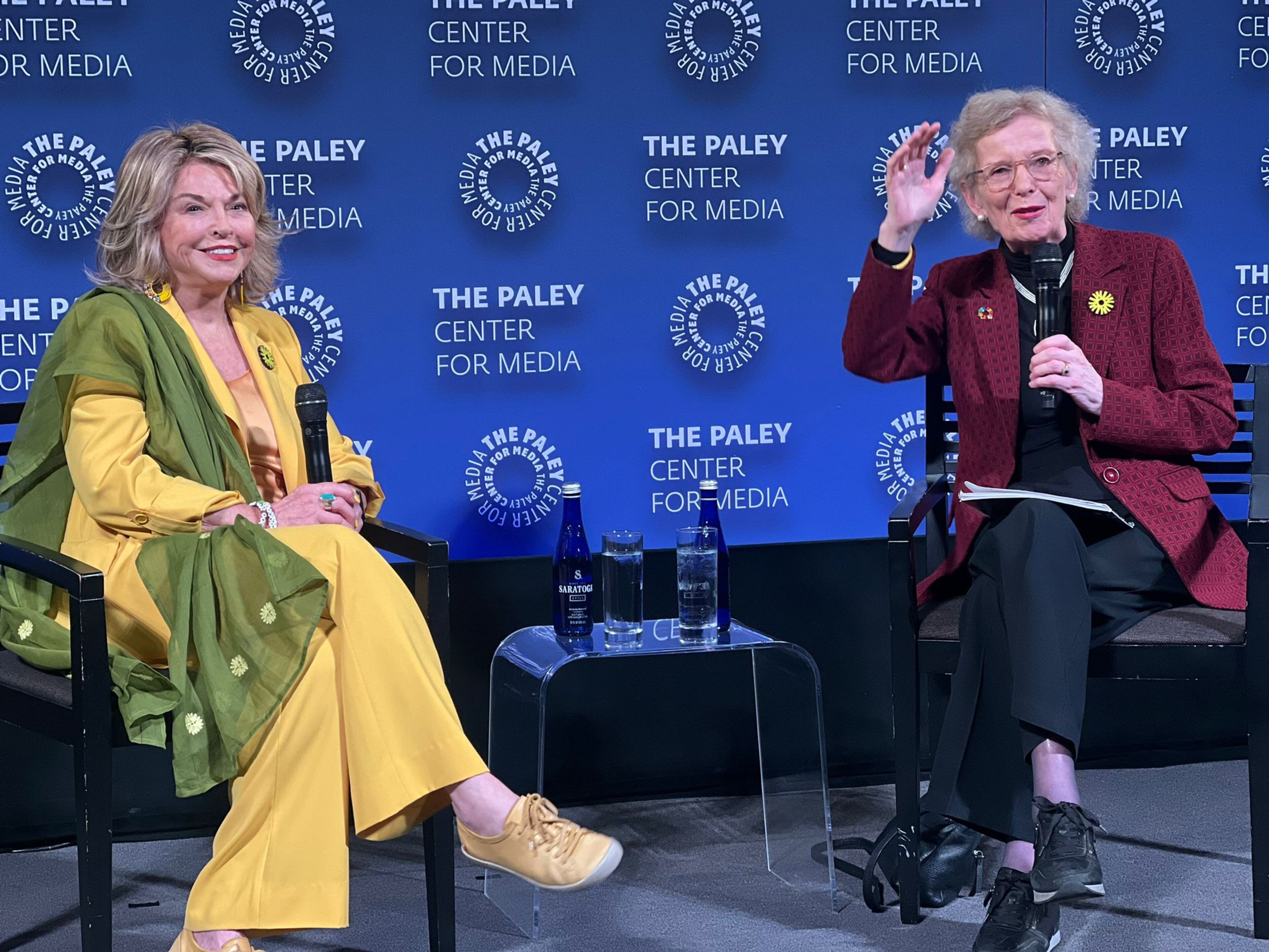 Pat Mitchell (left), co-founder and partner of climate justice campaign Project Dandelion, and Mary Robinson, the first female president of Ireland, at the premiere of the documentary "Mrs. Robinson." Mitchell was a producer of the film. (Courtesy of Pat Mitchell)