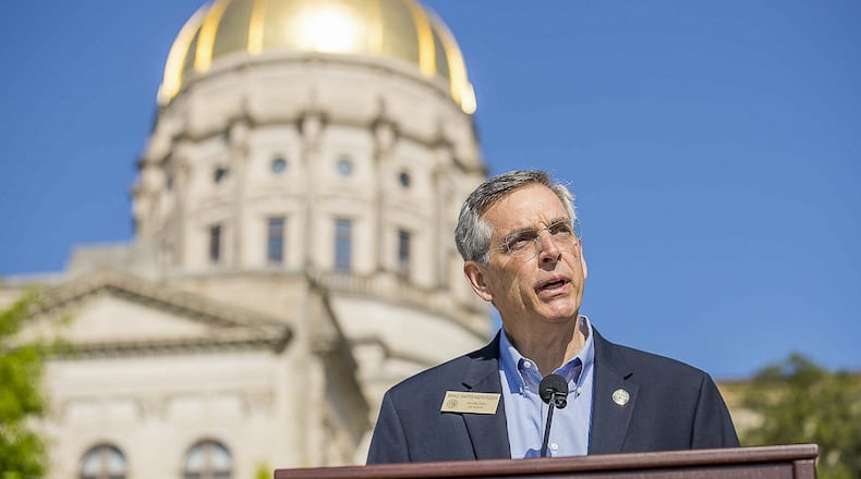 Georgia Secretary of State Brad Raffensperger speaks Monday during a press conference at Liberty Plaza, across the street from the Georgia Capitol in downtown Atlanta. Raffensperger announced the creation of an “absentee ballot task force” that will investigate reports of fraud as Georgia expands mail-in voting for the May 19 primary election. (ALYSSA POINTER / ALYSSA.POINTER@AJC.COM)