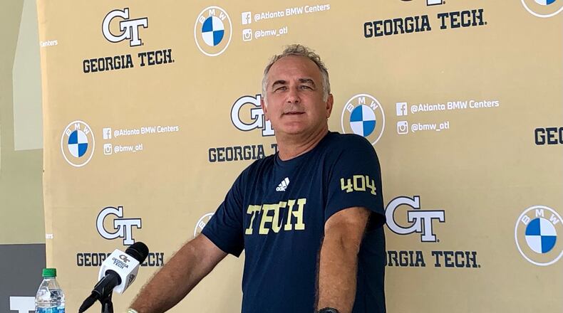 Georgia Tech offensive coordinator Dave Patenaude addresses media at Bobby Dodd Stadium after a preseason practice Aug. 24, 2021. (AJC photo by Ken Sugiura)