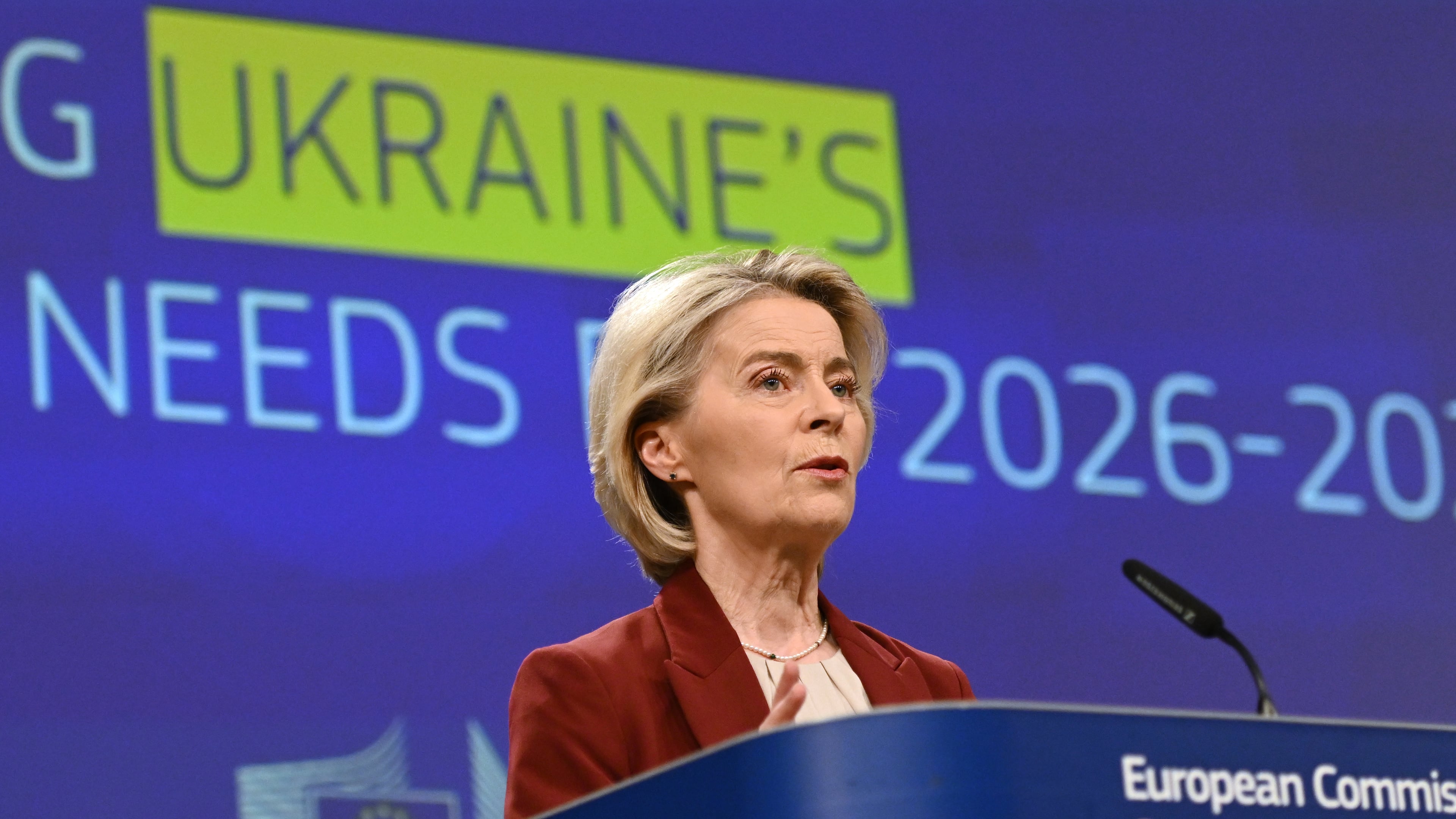 European Commission President Ursula von der Leyen speaks during a media conference regarding Ukraine's financing needs for 2026-2027 at EU headquarters in Brussels, Wednesday, Dec. 3, 2025. (AP Photo/Harry Nakos)