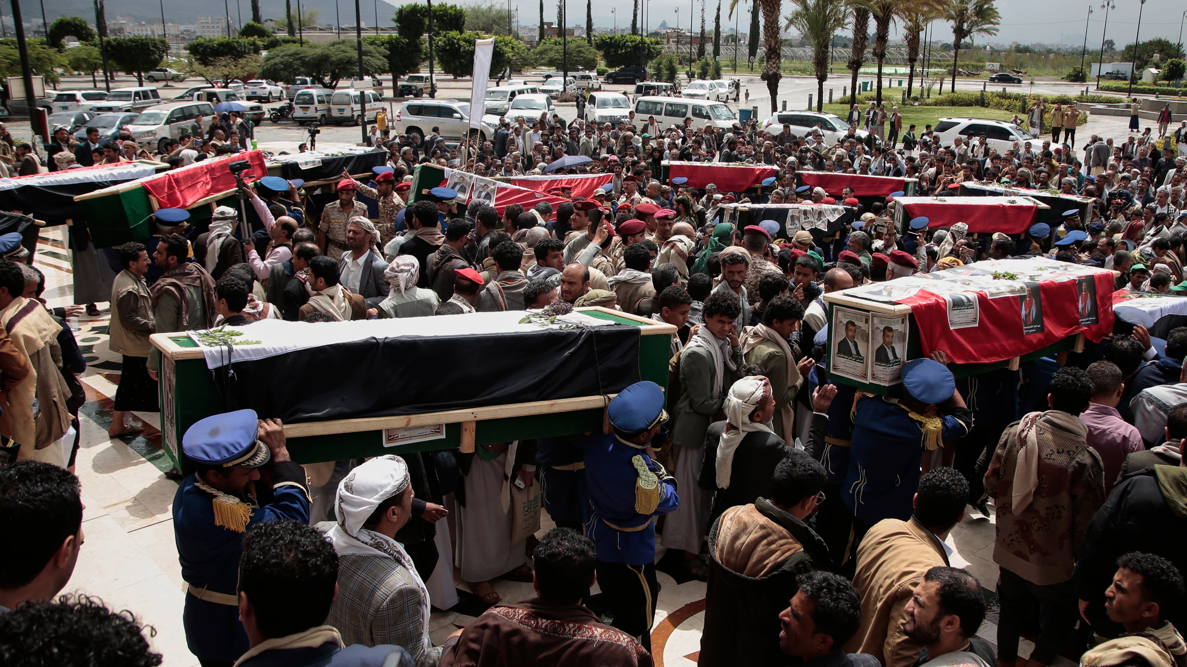 Yemenis cary the coffins of 31 local journalists reportedly killed in Israeli airstrikes last week, during their funeral in Sanaa, Yemen, Tuesday, Sept. 16, 2025. (AP Photo/Osamah Abdulrahman)