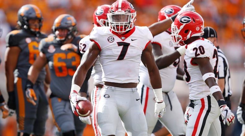 KNOXVILLE, TN - SEPTEMBER 30: Lorenzo Carter #7 of the Georgia Bulldogs reacts after recovering a fumble in the second quarter of a game against the Tennessee Volunteers at Neyland Stadium on September 30, 2017 in Knoxville, Tennessee. (Photo by Joe Robbins/Getty Images)