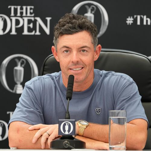 Rory McIlroy of Northern Ireland speaks at a press conference ahead of the British Open Golf championships at Royal Birkdale golf club, in Southport, England, Tuesday, July 14, 2026. (AP Photo/David Goldman)