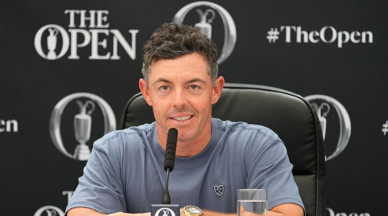 Rory McIlroy of Northern Ireland speaks at a press conference ahead of the British Open Golf championships at Royal Birkdale golf club, in Southport, England, Tuesday, July 14, 2026. (AP Photo/David Goldman)