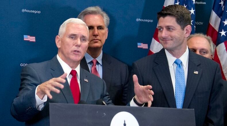 Vice President Mike Pence on January 4, 2017, with Speaker of the House, Paul Ryan, right, in Washington, D.C. Pence has staked out a first-floor office in the Capitol, one floor down from Ryan's and down the hall from Majority Leader Kevin McCarthy's, an area where lawmakers can easily reach the vice president. (Ron Sachs/CNP/Sipa USA/TNS)
