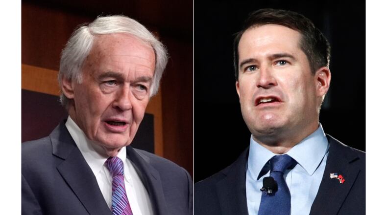 In this combination photo, Sen. Ed Markey, D-Mass., speaks during a news conference at the Capitol in Washington, March 27, 2025, left, and Rep. Seth Moulton, D-Mass., speaks during a candidate forum, Aug. 3, 2019, in Las Vegas. (AP Photo)