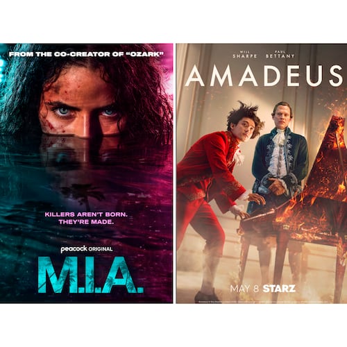 This combination of images show promotional art, from left, "M.I.A," from left, "Amadeus," and "Devil in Silver." (Peacock/Starz/AMC+ via AP)