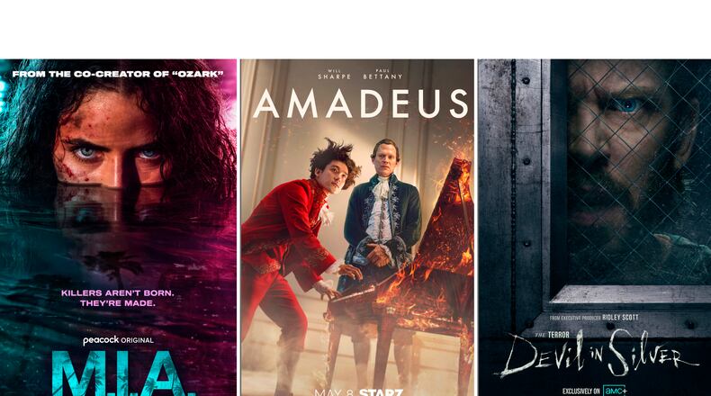 This combination of images show promotional art, from left, "M.I.A," from left, "Amadeus," and "Devil in Silver." (Peacock/Starz/AMC+ via AP)