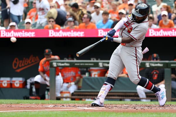 Braves outfielder Michael Harris II hits a single against the Orioles on Sunday, July 26, 2026, in Baltimore. (Daniel Kucin Jr./AP)