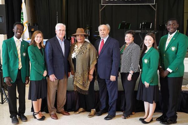 From left, Georgia 4-H State Officer Willie White, Georgia 4-H State President Katie Beth Brewer, Georgia 4-H Director Arch Smith, retired UGA Extension Agent Dorothy Graves, retired Director of Extension and Dean Emeritus for FVSU Fred Harrison, Associate Dean for UGA Extension Laura Perry Johnson, State Officer Hinano Tomlinson and State Officer Jay Lovett gather during a recognition ceremony at Emery Thomas Auditorium. (Courtesy of UGA/CAES)