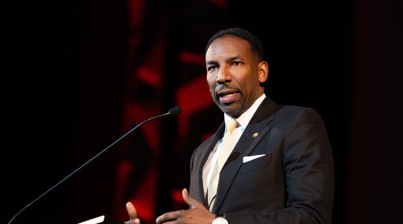 Mayor Andre Dickens speaks at the annual Midtown Alliance meeting at the Fox Theater in Atlanta on Tuesday, March 18, 2025. (Arvin Temkar / AJC)