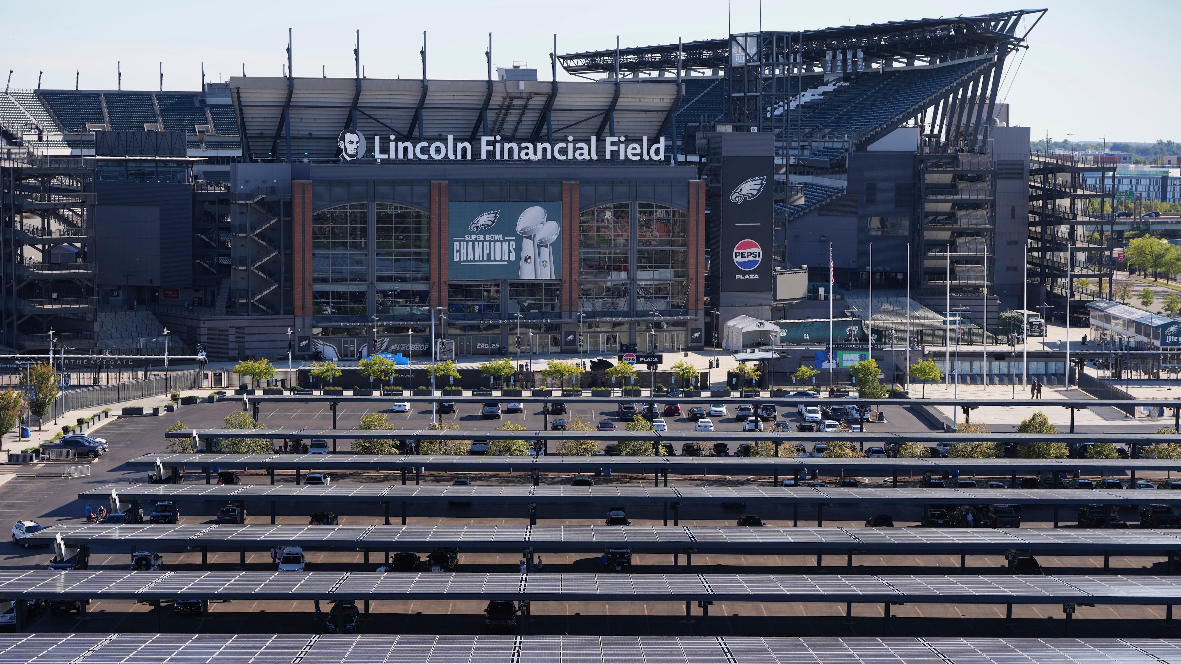 Solar panels are visible outside of Lincoln Financial Field on Monday, Sept. 8, 2025, in Philadelphia. (AP Photo/Matt Slocum)