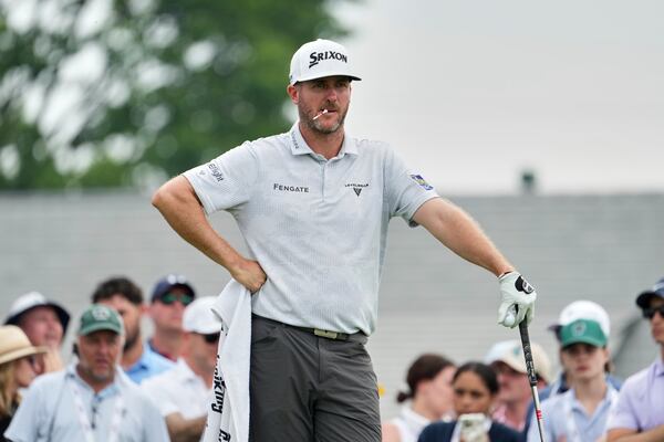 Taylor Pendrith, of Canada, waits tee off on the 12th hole during the second round of the U.S. Open golf tournament at Oakmont Country Club Friday, June 13, 2025, in Oakmont, Pa. (AP Photo/Gene J. Puskar)