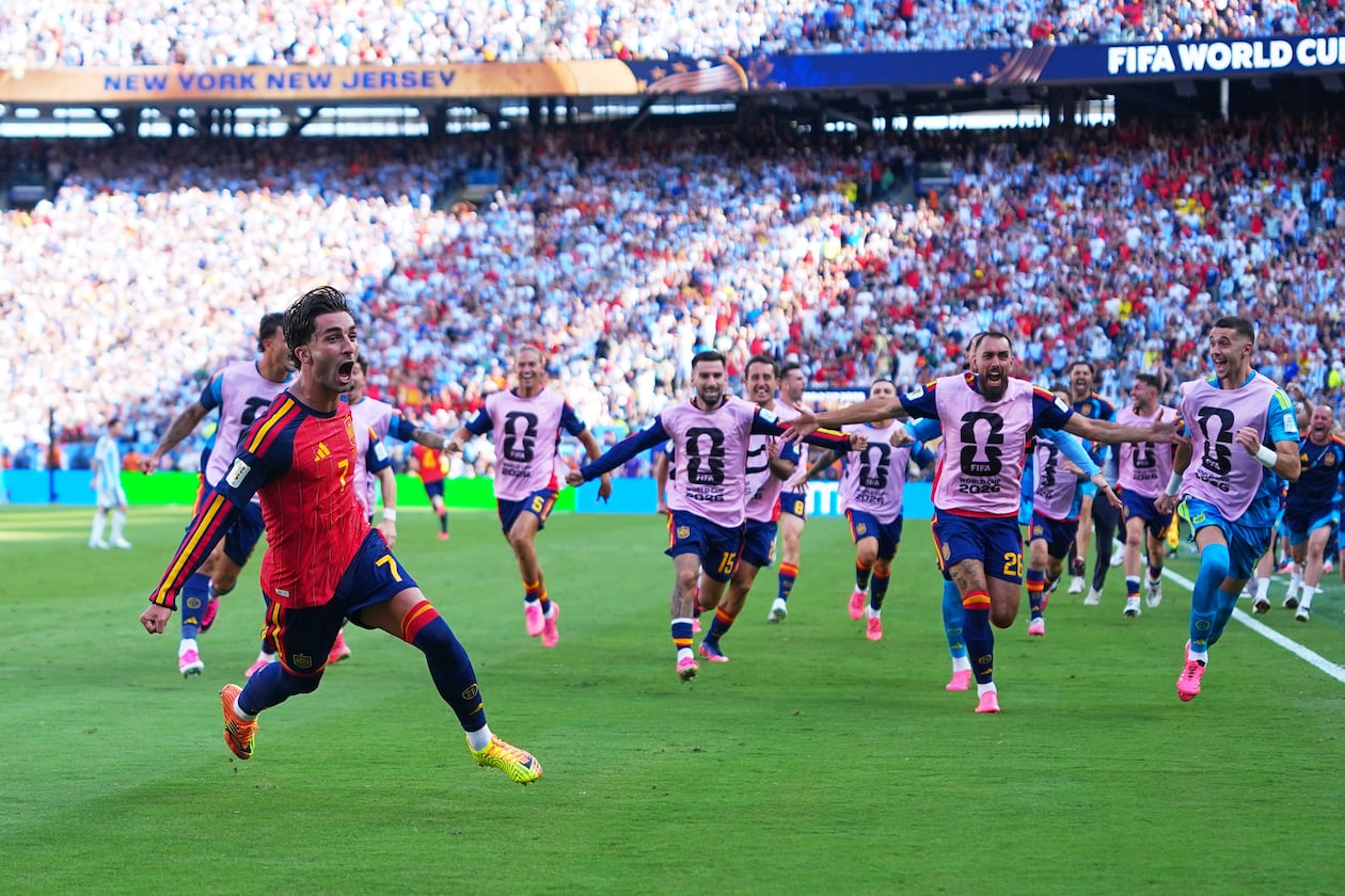 Spain's Ferran Torres (front left) celebrates scoring their first goal during the World Cup final soccer match between Spain and Argentina in East Rutherford, N.J., near New York, Sunday, July 19, 2026. (Julio Cortez/AP)