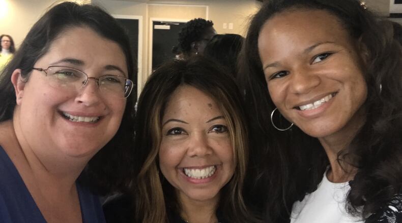 State Sen.-elect Zahra Karinshak (left) with U.S. Rep.-elect Lucy McBath and Adrienne White, who chairs the Red Clay Democrats, at a training session for Democratic candidates in 2017. Both Karinshak and McBath now hold seats that belonged to Republicans in north metro Atlanta. Special to the AJC