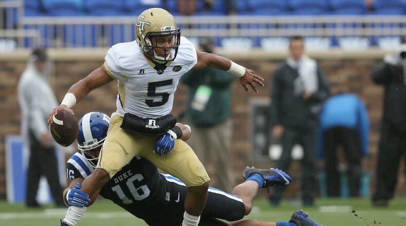 DURHAM, NC - SEPTEMBER 26: Jeremy Cash #16 of the Duke Blue Devils sacks Justin Thomas #5 of the Georgia Tech Yellow Jackets during their game at Wallace Wade Stadium on September 26, 2015 in Durham, North Carolina. (Photo by Streeter Lecka/Getty Images)