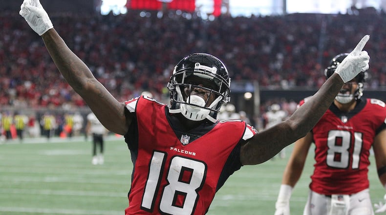 September 23, 2018 Atlanta: Atlanta Falcons wide receiver Calvin Ridley reacts to catching his second touchdown pass from Matt Ryan for a 14-13 lead over the New Orleans Saints during the second quarter in an NFL game on Sunday, Sept 23, 2018, in Atlanta. Curtis Compton/ccompton@ajc.com
