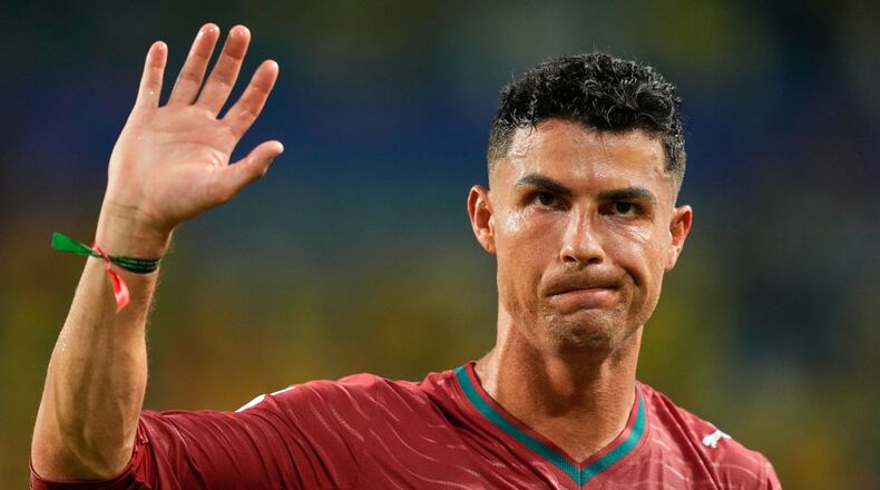 FILE - Portugal's Cristiano Ronaldo waves following the World Cup Group K soccer match between Colombia and Portugal in Miami Gardens, Fla., Saturday, June 27, 2026. (AP Photo/Rebecca Blackwell, file)