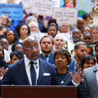 Democratic U.S. Sen. Raphael Warnock speaks during a news conference before the state Legislature convenes for a special session on Wednesday, June 17, 2026, in Atlanta. Georgia Republican leaders later announced they wouldn’t redraw the state’s political maps during the session. (Arvin Temkar/AJC)