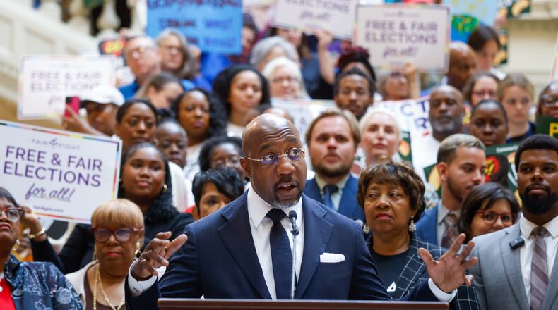 Democratic U.S. Sen. Raphael Warnock speaks during a news conference before the state Legislature convenes for a special session on Wednesday, June 17, 2026, in Atlanta. Georgia Republican leaders later announced they wouldn’t redraw the state’s political maps during the session. (Arvin Temkar/AJC)