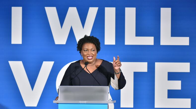 June 6, 2019 Atlanta - Stacey Abrams speaks during the DNC's IWillVote Gala at Flourish Atlanta on Thursday, June 6, 2019. White House hopefuls court Georgia: Presidential candidates swarmed Atlanta on Thursday for a convention geared at African-American strategists and a joint fundraiser featuring four of the best known Democratic contenders on the same stage. HYOSUB SHIN / HSHIN@AJC.COM