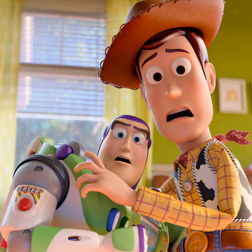 This image released by Disney shows characters Buzz Lightyear, voiced by Tim Allen, left, and Woody, voiced by Tom Hanks, in a scene from "Toy Story 5." (Pixar-Disney via AP)