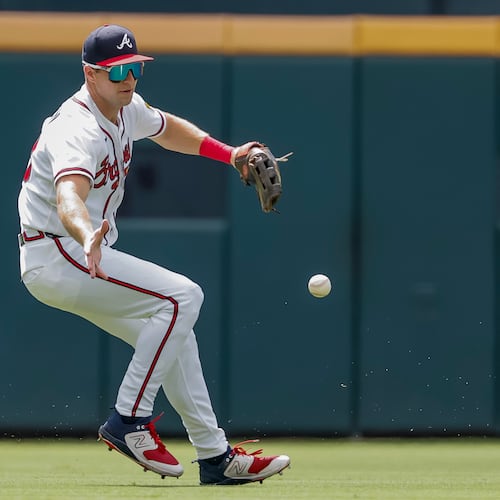 Atlanta Braves left fielder Brewer Hicklen fields a single hit by Tampa Bay Rays' Ryan Vilade during the first inning of a baseball game, Thursday, Sept. 10, 2026, in Atlanta. (AP Photo/Erik S. Lesser)