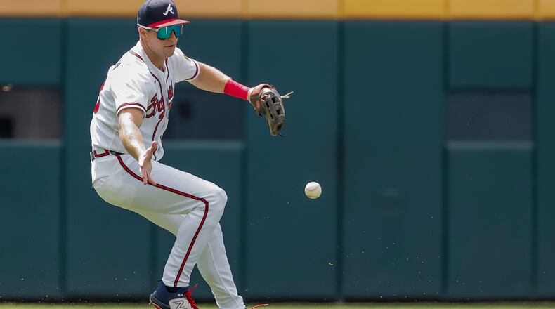 Atlanta Braves left fielder Brewer Hicklen fields a single hit by Tampa Bay Rays' Ryan Vilade during the first inning of a baseball game, Thursday, Sept. 10, 2026, in Atlanta. (AP Photo/Erik S. Lesser)