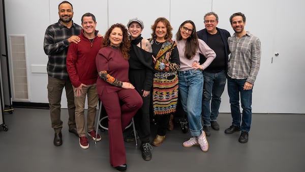 The creative team of the Alliance Theatre's world premiere musical "Basura" includes (from left) Andy Senor Jr. (associate director), Ken Cerniglia (dramaturg), Gloria Estefan (music and lyrics), Emily Estefan (music and lyrics), Karen Zacarías (book), Patricia Delgado (choreographer), Michael Grief (director) and Alex Lacamoire (music supervision, arrangements, orchestrations). (Courtesy of the Alliance Theatre/Anna Walters)