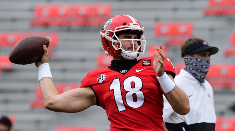 Georgia quarterback JT Daniels (18) during the Bulldogs' game with Tennessee in Athens, Ga., on Saturday, Oct. 10, 2020. (Photo by Perry McIntyre)