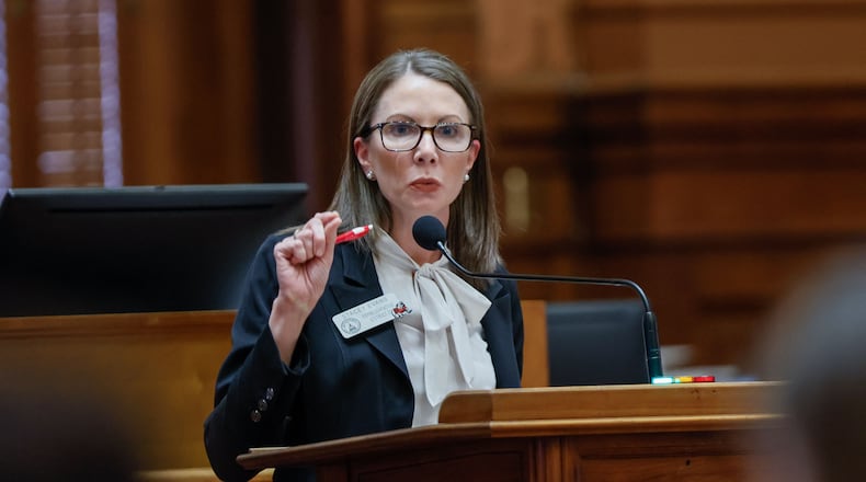 State Rep. Stacey Evans (D) speaks during Crossover Day at the Capitol in Atlanta in February 2024. Miguel Martinez /miguel.martinezjimenez@ajc.com