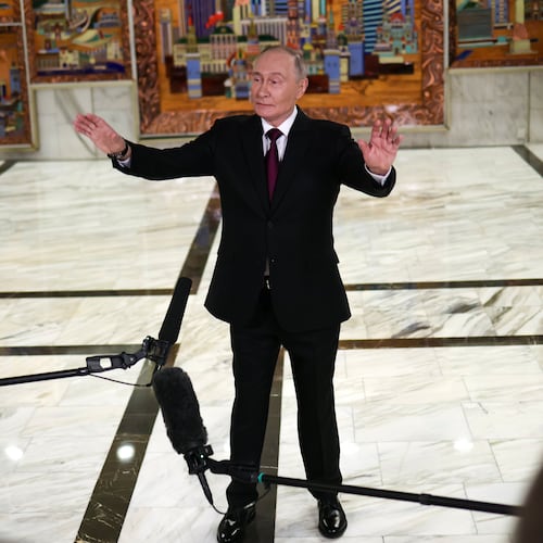 Russian President Vladimir Putin gestures speaking to journalists after the plenary session of the VTB "Russia Calling" Investment forum in Moscow, Tuesday, Dec. 2, 2025. (Sergei Ilnitsky/Pool Photo via AP)