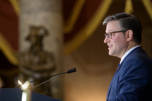 Speaker of the House Mike Johnson, R-La., speaks during a Congressional Gold Medal ceremony for three-time Tour de France winner Greg LeMond at the Capitol, Wednesday, July 9, 2025, in Washington. (AP Photo/Rod Lamkey, Jr.)