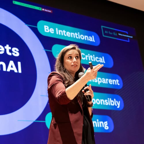 Amanda Bickerstaff, CEO of AI for Education, speaks at Academic Magnet High School during the Charleston County School District Charleston Educator Symposium Wednesday, July 22, 2026 in North Charleston, S.C. (AP Photo/Mic Smith)