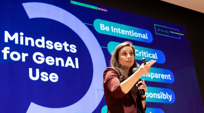 Amanda Bickerstaff, CEO of AI for Education, speaks at Academic Magnet High School during the Charleston County School District Charleston Educator Symposium Wednesday, July 22, 2026 in North Charleston, S.C. (AP Photo/Mic Smith)