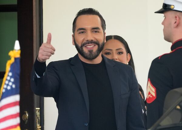 El Salvador's President Nayib Bukele gives a thumbs up as he departs following a meeting at the White House with President Donald Trump, Monday, April 14, 2025, in Washington. (AP Photo/Manuel Balce Ceneta)